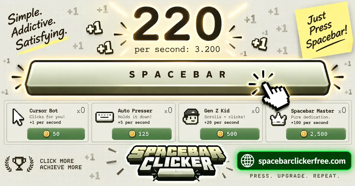 Spacebar Clicker artwork showing a spacebar, click counter, and upgrade options.
